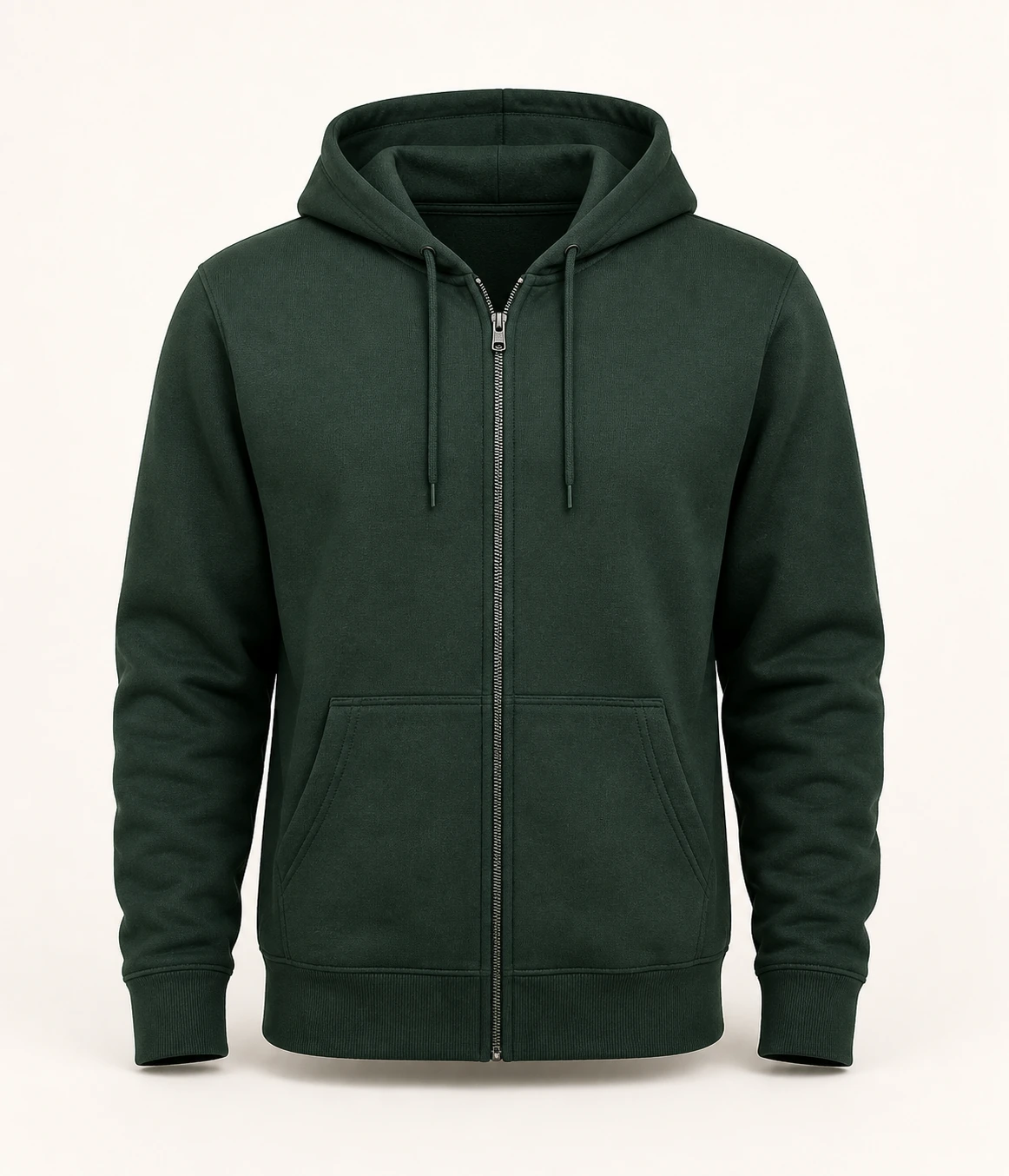 Donkergroene uniseks hoodie met rits voor een klein borstlogo