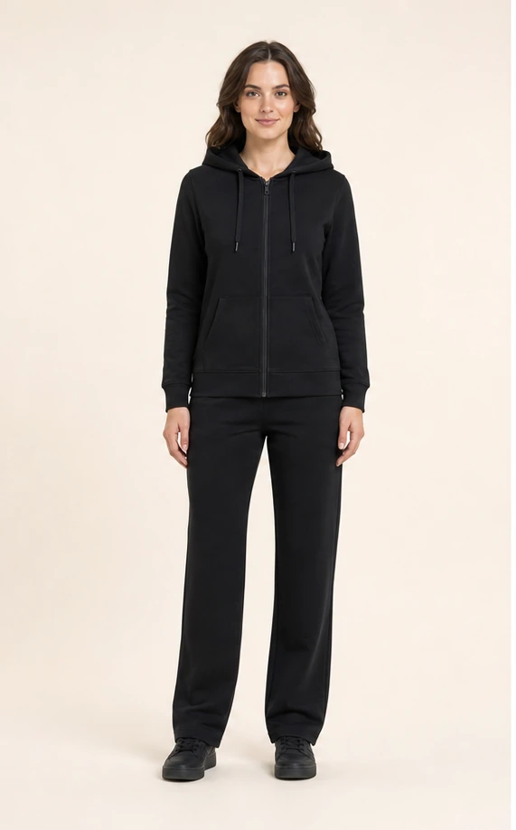 Dames hoodie met rits bedrukken in zwart, vooraanzicht op model