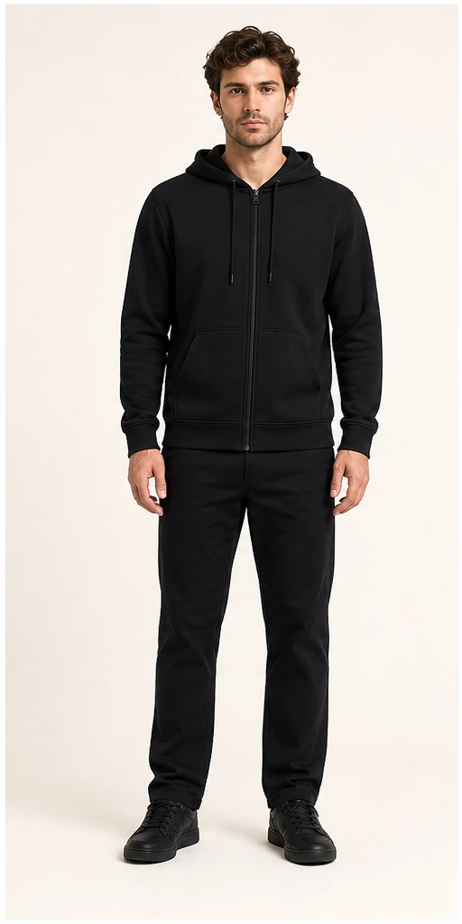 Hoodie met rits bedrukken in zwart, vooraanzicht op model