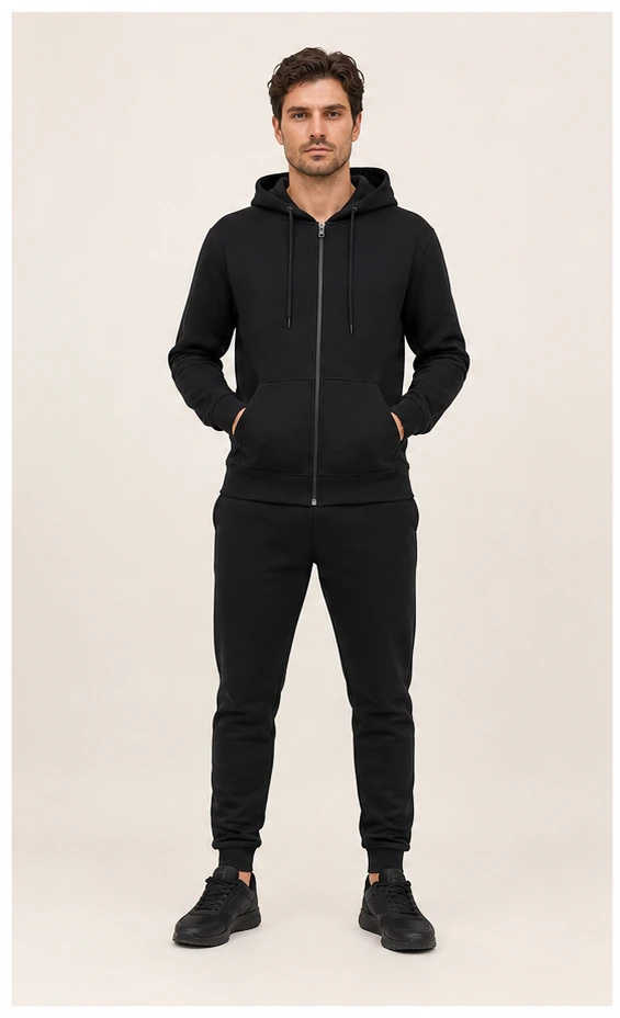 Zip-hoodieset bedrukken met zwarte broek in zwart, vooraanzicht op model