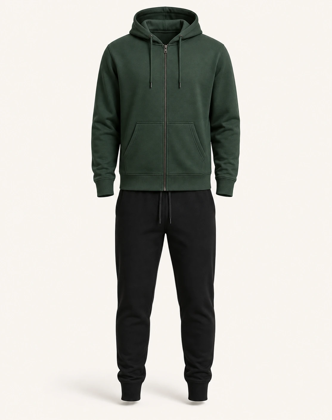 Donkergroene hoodie met rits en zwarte broek